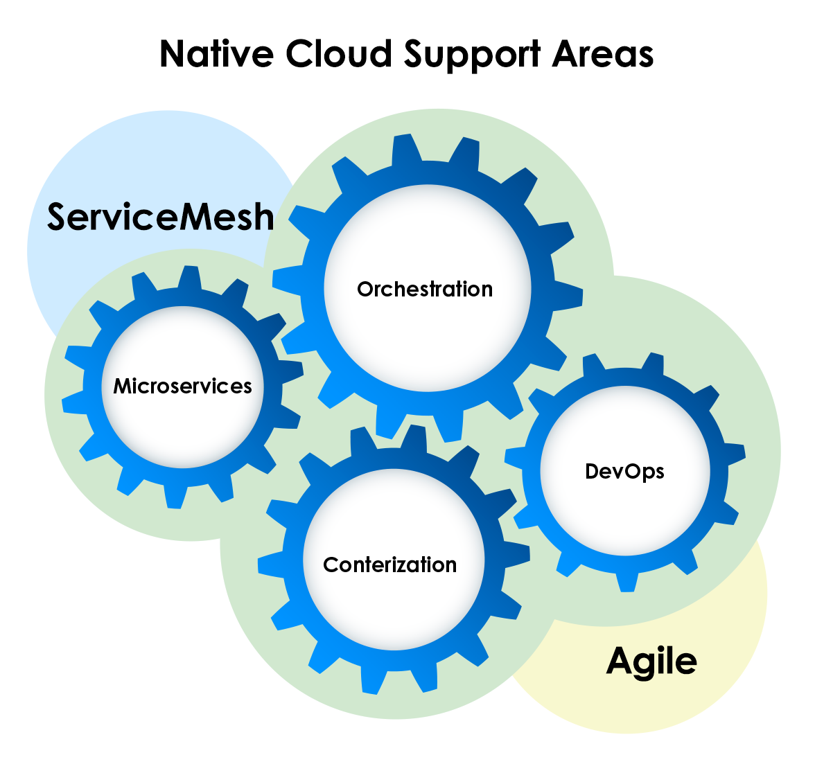 Native Cloud Support Areas: Contenerization, Microservices, Orchestration, DevOps + ServiceMesh, Agile